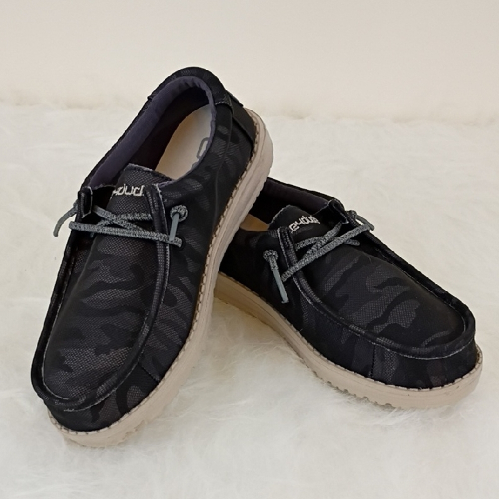 Hey Dude Black and Gray Slip-On Loafers with Moccasin Stitching
